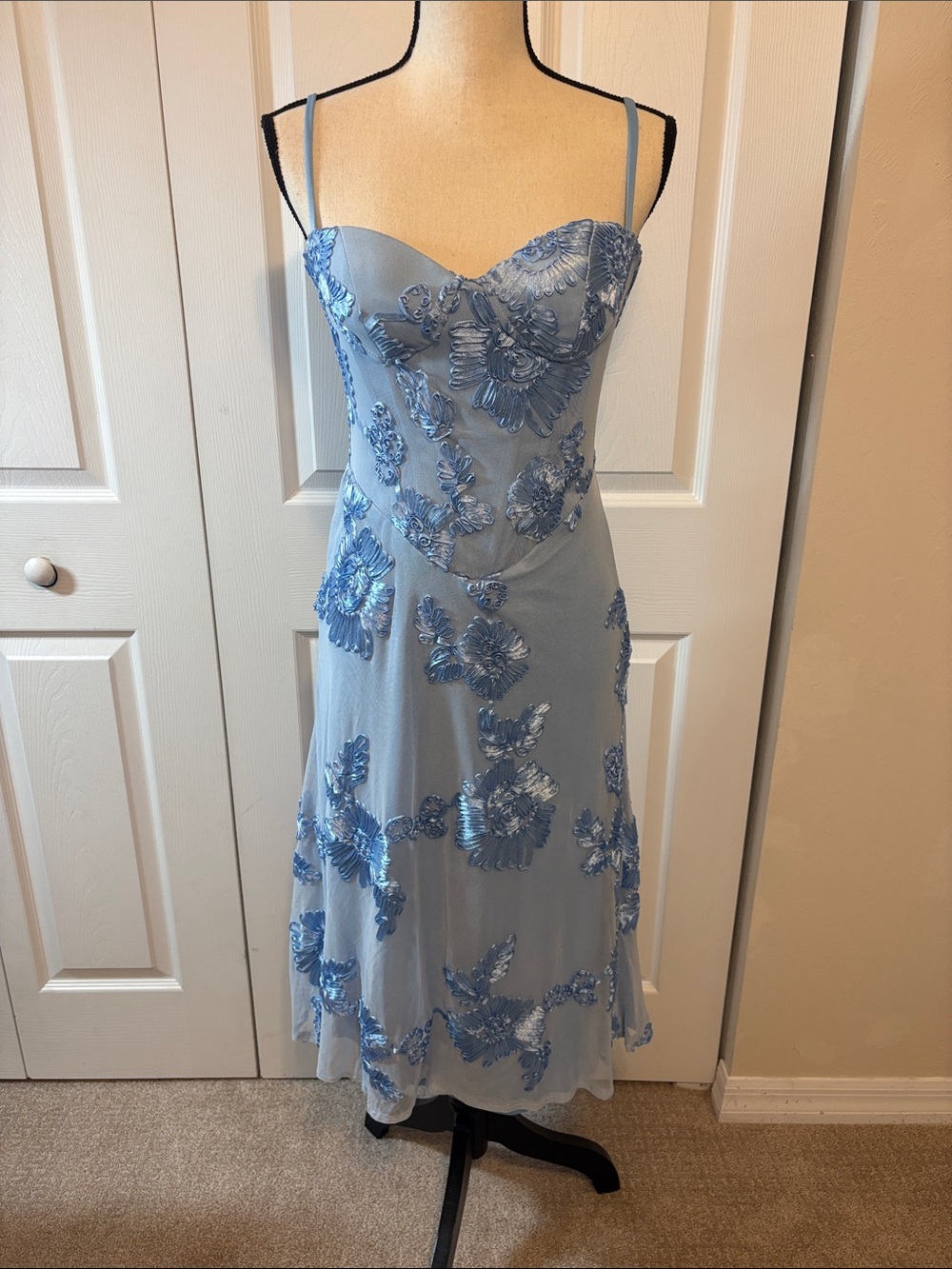 NWT Baby Blue Floral Embroidered Corset Lace-Up Midi Dress (Size 6).